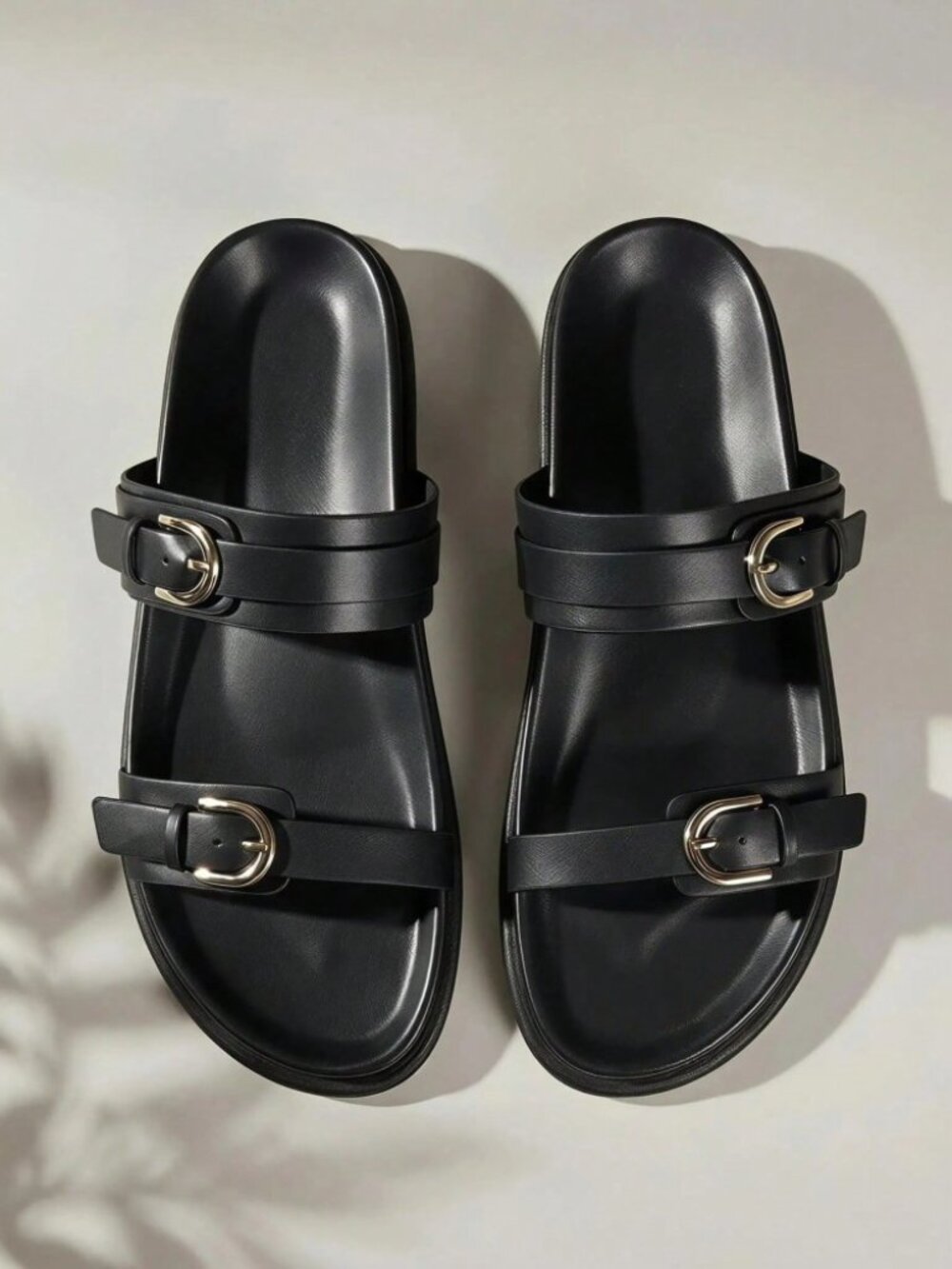 Black Double Buckle Slide Sandals with Gold Hardware